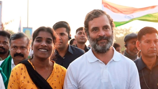 Kurnool: Congress leader Rahul Gandhi with a supporter during the party's Bharat Jodo Yatra, in Kurnool district, Friday, Oct. 21, 2022. (PTI Photo)(PTI)