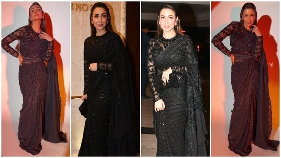 Malaika Arora attends Manish Malhotra-Diwali bash in a black lace saree and blouse.