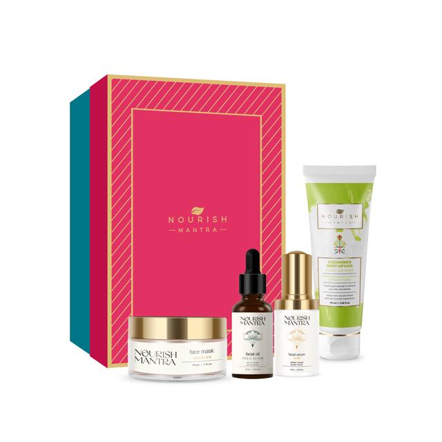 This effective and natural, facial care kit with a mask, oil, serum, and cleanser is perfect for a transformational skincare regime. (By Nourish Mantra) This effective and natural, facial care kit with a mask, oil, serum, and cleanser is perfect for a transformational skincare regime. (By Nourish Mantra)