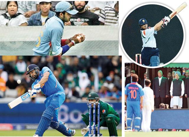 (Clockwise from top, left) The final of the inaugural T20 World Cup in 2007 at The Wanderers Stadium, Johannesburg, when Sreesanth’s catch won the tournament; The Sharjah Cricket Stadium, UAE, where Sachin Tendulkar scored 118 (140) against Pakistan in 1996; The India-Pak semi-final of the 2011 ODI World Cup at IS Bindra Stadium, Mohali, was attended by the Prime Ministers of both the nations—India’s Manmohan Singh and Pakistan’s Yousaf Raza Gilani; The Old Trafford, Manchester, where Rohit Sharma got 140 off 113 balls at the 2019 ODI World Cup