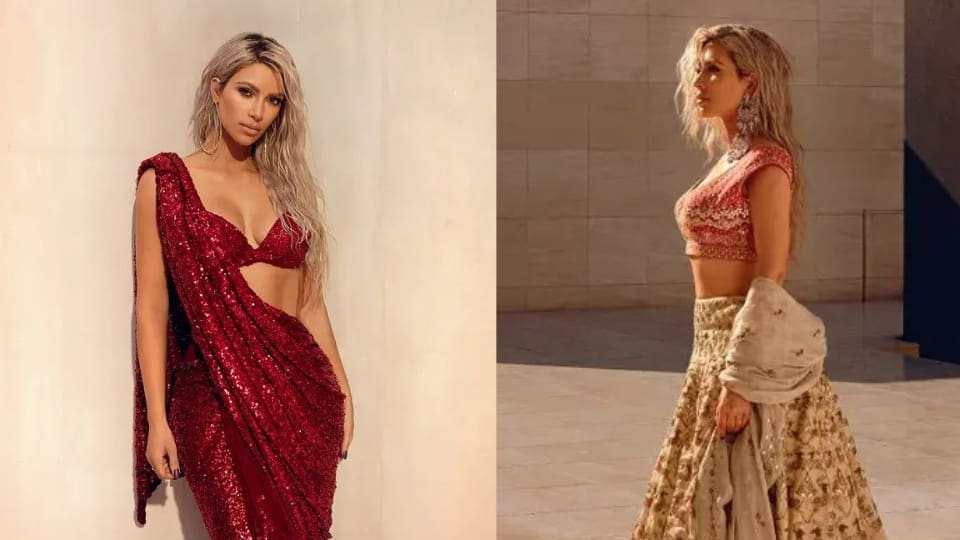 Happy birthday Kim Kardashian: She wore a Sabyasachi saree and an Anita Dongre lehenga in an old magazine photoshoot.