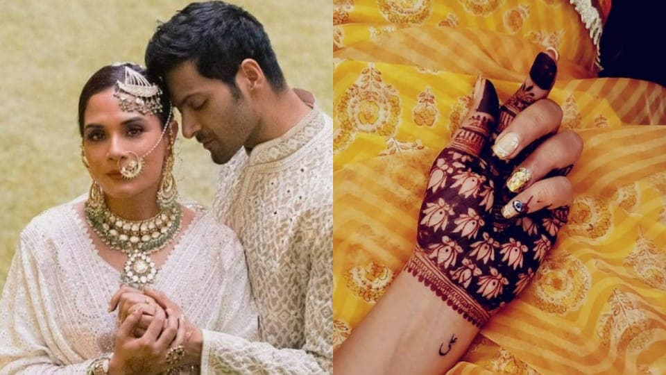Richa Chadha and Ali Fazal during their wedding festivities; Richa's new tattoo with Ali's name (right). Richa Chadha and Ali Fazal during their wedding festivities; Richa's new tattoo with Ali's name (right).