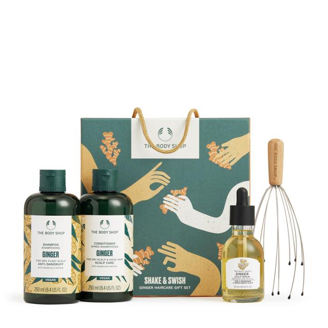 This excellent hair care kit includes a Ginger based shampoo, conditioner, massager, and serum to restore dry, brittle, and lifeless hair. (By The Body Shop) This excellent hair care kit includes a Ginger based shampoo, conditioner, massager, and serum to restore dry, brittle, and lifeless hair. (By The Body Shop)