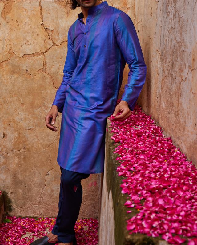 This stunning, festive kurta in cold jewel tones is ideal to brighten any occasion. (Blue viscose blend slim fit kurta by Fabindia) This stunning, festive kurta in cold jewel tones is ideal to brighten any occasion. (Blue viscose blend slim fit kurta by Fabindia)