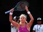 Belarus' Victoria Azarenka celebrates