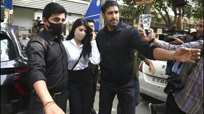 Bollywood actor Jacqueline Fernandez leaves after appearing before the Patiala House court in connection with  ₹200 crore money laundering case linked to alleged conman Sukesh Chandrashekhar. (HT Photo)