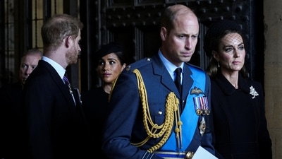 Queen Elizabeth II: Britain's Prince William, Kate, Princess of Wales, Prince Harry and Meghan paid their respects to Queen Elizabeth II in Westminster Hall. (Reuters)