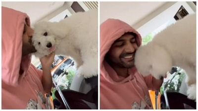 Kartik Aaryan kisses pup Katori Aaryan. (Instagram/@Kartikaaryan) Kartik Aaryan kisses pup Katori Aaryan. (Instagram/@Kartikaaryan)