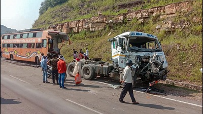 The sleeper bus, carrying 120 passengers in a 40-seater, was heading towards UP’s Gorakhpur from Hyderabad, when it rammed into a truck in Madhya Pradesh’s Rewa district. (PTI) The sleeper bus, carrying 120 passengers in a 40-seater, was heading towards UP’s Gorakhpur from Hyderabad, when it rammed into a truck in Madhya Pradesh’s Rewa district. (PTI)