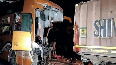 The driver lost control over the bus and it collided with a truck from behind, according to the injured. (PTI) The driver lost control over the bus and it collided with a truck from behind, according to the injured. (PTI)
