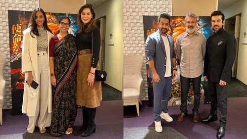 All of them posed in a theatre in front of a poster of RRR. All of them posed in a theatre in front of a poster of RRR.