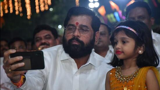 Chief Minister Eknath Shinde at a Diwali celebration event in Thane. He is also likely to visit Revdanda in Raigad district to meet spiritual preacher Appasaheb Dharmadhikari. (HT PHOTO)