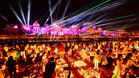 The three-day celebrations began on Friday, and will conclude with lighting of over 17 lakh diyas.(AFP) The three-day celebrations began on Friday, and will conclude with lighting of over 17 lakh diyas.(AFP)