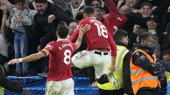 Manchester United's Casemiro, center, celebrates after scoring his side's first goal (AP)