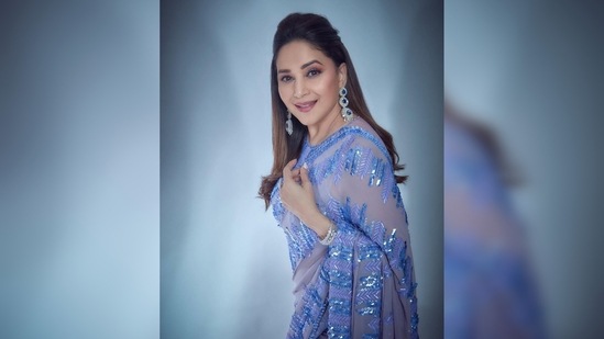 Madhuri Dixit paired her contemporary saree with a matching sleeveless blouse.(Instagram/@madhuridixitnene)