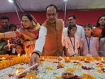 Shivraj Chouhan seen lighting diyas with children. (Twitter / Office of Shivraj Chouhan ) Shivraj Chouhan seen lighting diyas with children. (Twitter / Office of Shivraj Chouhan )
