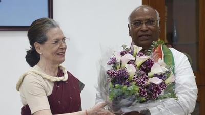 Congress interim president Sonia Gandhi greets newly elected president Mallikarjun Kharge in New Delhi after his election. (AP File) Congress interim president Sonia Gandhi greets newly elected president Mallikarjun Kharge in New Delhi after his election. (AP File)