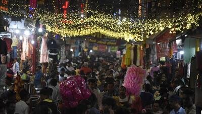 Gurugram, India - October 23: Rush of shoppers at Sadar Bazar on the eve of Diwali, in Gurugram, India, on Sunday, October 23, 2022. (Photo by Parveen Kumar/Hindustan Times) Gurugram, India - October 23: Rush of shoppers at Sadar Bazar on the eve of Diwali, in Gurugram, India, on Sunday, October 23, 2022. (Photo by Parveen Kumar/Hindustan Times)