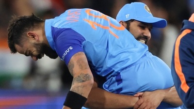 India's Virat Kohli is carried by Rohit Sharma after winning the T20 World Cup cricket match against Pakistan (AP) India's Virat Kohli is carried by Rohit Sharma after winning the T20 World Cup cricket match against Pakistan (AP)