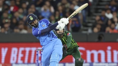 India's Hardik Pandya hits a six during the T20 World Cup cricket match between India and Pakistan in Melbourne, (AP) India's Hardik Pandya hits a six during the T20 World Cup cricket match between India and Pakistan in Melbourne, (AP)