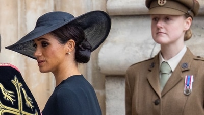 Meghan Markle-Prince Harry: Britain's Meghan Markle, Duchess of Sussex attends the funeral of Queen Elizabeth II. (Reuters)
