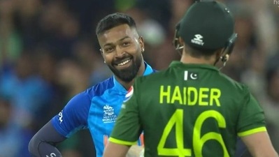 Hardik Pandya reacts after dismissing Haider Ali Hardik Pandya reacts after dismissing Haider Ali