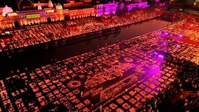 Over 15 lakh diyas were lit up on Deepotsav in Ayodhya, which set a sixth consecutive Guinness World Record. (Handout images/HT) Over 15 lakh diyas were lit up on Deepotsav in Ayodhya, which set a sixth consecutive Guinness World Record. (Handout images/HT)