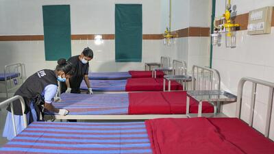 Nurses arrange beds at a special ward for patients injured due to firecrackers, ahead of Diwali festival, at Minto Eye hospital in Bengaluru. (PTI Photo) Nurses arrange beds at a special ward for patients injured due to firecrackers, ahead of Diwali festival, at Minto Eye hospital in Bengaluru. (PTI Photo)