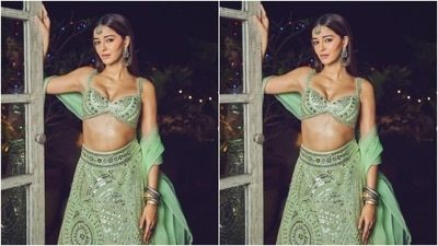 In pastel green statement earrings, a maang tikka, and silver bangles, Ananya accessorised her look for Diwali this year. (Instagram/@ananyapanday) In pastel green statement earrings, a maang tikka, and silver bangles, Ananya accessorised her look for Diwali this year. (Instagram/@ananyapanday)