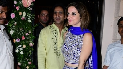 Sussanne Khan and boyfriend Arslan Goni were spotted at Ekta Kapoor's Diwali bash. While Sussanne was in a blue lehenga, Arslan was in yellow kurta pyjama. They had recently attended Karishma Tanna's bash as well. (Varinder Chawla) Sussanne Khan and boyfriend Arslan Goni were spotted at Ekta Kapoor's Diwali bash. While Sussanne was in a blue lehenga, Arslan was in yellow kurta pyjama. They had recently attended Karishma Tanna's bash as well. (Varinder Chawla)