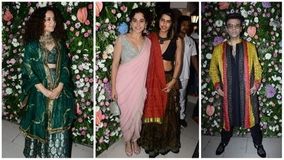 Kangana Ranaut, Taapsee Pannu and Shagun Pannu and Karan Johar at Ekta Kapoor's Diwali bash. (Varinder Chawla) Kangana Ranaut, Taapsee Pannu and Shagun Pannu and Karan Johar at Ekta Kapoor's Diwali bash. (Varinder Chawla)