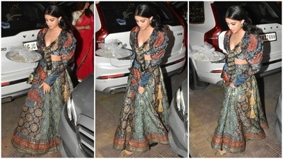 Navya Nanda wore a printed crop blouse and matching skirt set to the Diwali bash. She attended with her mother, Shweta Bachchan, and grandmother, Jaya Bachchan. (HT Photo/Varinder Chawla) Navya Nanda wore a printed crop blouse and matching skirt set to the Diwali bash. She attended with her mother, Shweta Bachchan, and grandmother, Jaya Bachchan. (HT Photo/Varinder Chawla)