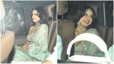 Nysa Devgan wore a pastel green embellished ensemble for attending Abu Jani's Diwali party. She wore the deep neck outfit with minimal jewels, open tresses and statement jewellery pieces. (HT Photo/Varinder Chawla) Nysa Devgan wore a pastel green embellished ensemble for attending Abu Jani's Diwali party. She wore the deep neck outfit with minimal jewels, open tresses and statement jewellery pieces. (HT Photo/Varinder Chawla)
