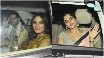 While Richa Chadha and Ali Fazal attended the Diwali party in coordinated outfits, Taapsee looked gorgeous in a blush pink ensemble styled with minimal makeup and dainty jewellery. (HT Photo/Varinder Chawla) While Richa Chadha and Ali Fazal attended the Diwali party in coordinated outfits, Taapsee looked gorgeous in a blush pink ensemble styled with minimal makeup and dainty jewellery. (HT Photo/Varinder Chawla)