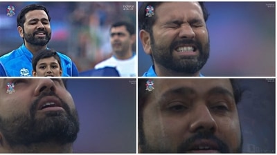 Rohit Sharma reacts during Indian national anthem ahead of T20 World Cup match against Pakistan (Twitter) Rohit Sharma reacts during Indian national anthem ahead of T20 World Cup match against Pakistan (Twitter)