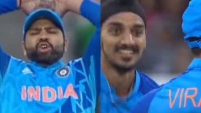 India vs Pakistan, T20 World Cup: Rohit Sharma, Arshdeep Singh react to Virat Kohli's run out miss. India vs Pakistan, T20 World Cup: Rohit Sharma, Arshdeep Singh react to Virat Kohli's run out miss.