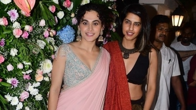 Taapsee Pannu attended Ekta Kapoor's Diwali party with sister Shagun Pannu. While Taapsee was in a pink dhoti saree, Shagun was in a black lehenga with a red dupatta. Taapsee will now be seen in Shah Rukh Khan-starrer Dunki. She has few other films in pipeline. (Varinder Chawla) Taapsee Pannu attended Ekta Kapoor's Diwali party with sister Shagun Pannu. While Taapsee was in a pink dhoti saree, Shagun was in a black lehenga with a red dupatta. Taapsee will now be seen in Shah Rukh Khan-starrer Dunki. She has few other films in pipeline. (Varinder Chawla)