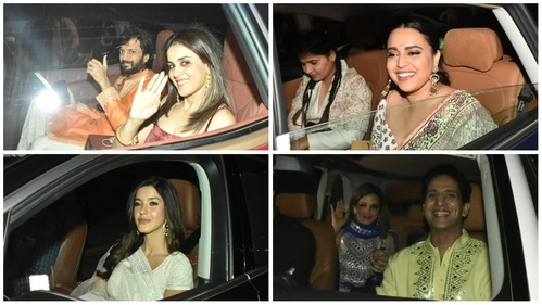 (Clockwise from top) Riteish Deshmukh and Genelia, Swara Bhasker, Arslan Goni and Sussanne Khan and Shanaya Kapoor at Abu Jani's Diwali party. (Varinder Chawla) (Clockwise from top) Riteish Deshmukh and Genelia, Swara Bhasker, Arslan Goni and Sussanne Khan and Shanaya Kapoor at Abu Jani's Diwali party. (Varinder Chawla)
