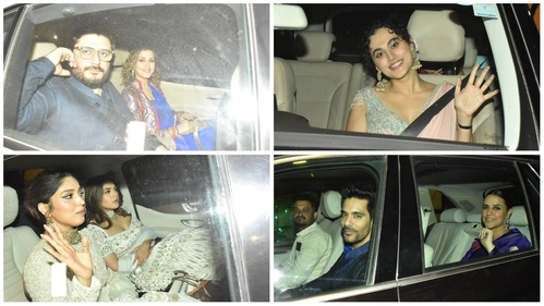 (clockwise from top) Golide Behl and Sonali Bendre, Taapsee Pannu, Neha Dhupia and Angad Bedi and Samiksha Pednekar and Bhumi Pednekar at Abu Jani's party. (Varinder Chawla) (clockwise from top) Golide Behl and Sonali Bendre, Taapsee Pannu, Neha Dhupia and Angad Bedi and Samiksha Pednekar and Bhumi Pednekar at Abu Jani's party. (Varinder Chawla)