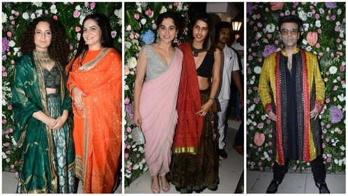 Kangana Ranaut with Ritu, Taapsee Pannu with Shagun Pannu and Karan Johar at Ekta Kapoor's Diwali party. (Varinder Chawla) Kangana Ranaut with Ritu, Taapsee Pannu with Shagun Pannu and Karan Johar at Ekta Kapoor's Diwali party. (Varinder Chawla)