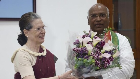 Congress interim president Sonia Gandhi greets newly elected president Mallikarjun Kharge in New Delhi after his election. (AP File)