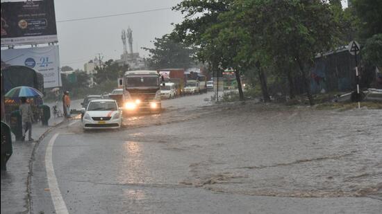 A waterlogged road in Pune city. (HT FILE PHOTO)