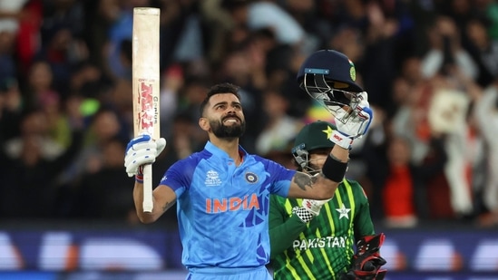 India's Virat Kohli reacts after winning the T20 World Cup cricket match against Pakistan(AP)