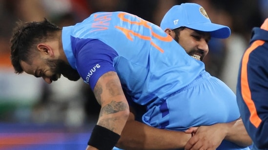 India's Virat Kohli is carried by Rohit Sharma after winning the T20 World Cup cricket match against Pakistan(AP)
