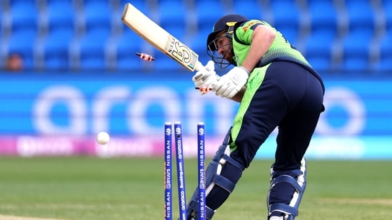 Andrew Balbirnie is bowled off Lahiru Kumara bowling during the T20 World Cup(AFP)