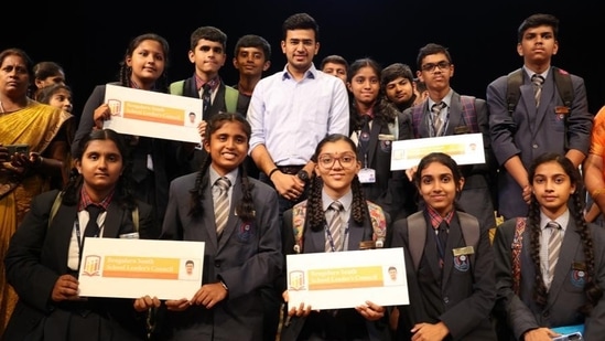 BJP MP Tejasvi Surya on Saturday with Bengaluru South School Leaders' Council 