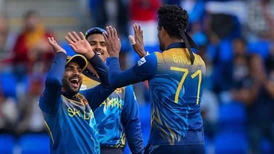 Sri Lanka players celebrate during T20 World Cup match against Ireland at Bellerive Oval in Hobart(PTI)