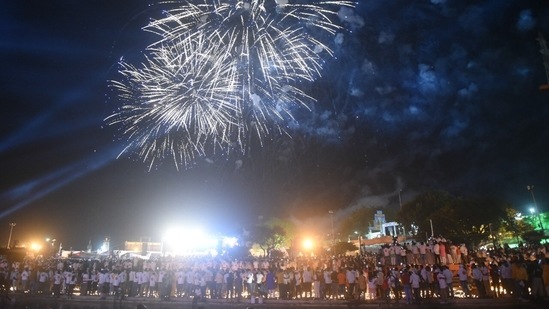 On the eve of Diwali, people gather in Ayodhya to watch fireworks.(Deepak Gupta/HT photo)