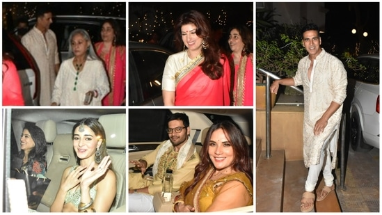 (Clockwise from top) Jaya Bachchan, Twinkle Khanna, Akshay Kumar, Richa Chadha and Ali Fazal, Ananya Panday and Navya Naveli Nanda at Abu Jani's Diwali party. (Varinder Chawla)