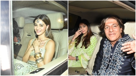 Ananya Panday is all smiles as she arrives at the party in a green embellished lehenga set. Ananya's mother, Bhavna Panday, coordinated with her daughter in a green suit set. Meanwhile, Chunky Panday wore a navy blue kurta set. (HT Photo/Varinder Chawla)